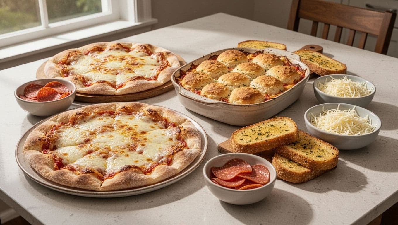 Three pizza-style dinners with separate bowls of pepperoni, mozzarella, and cheese.