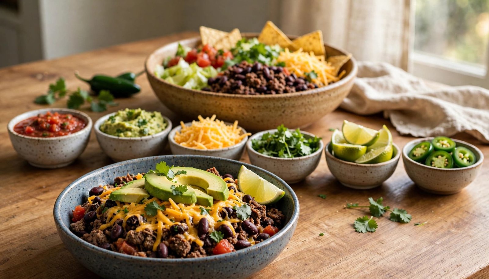 A beef taco bowl sits beside small bowls of colorful toppings.