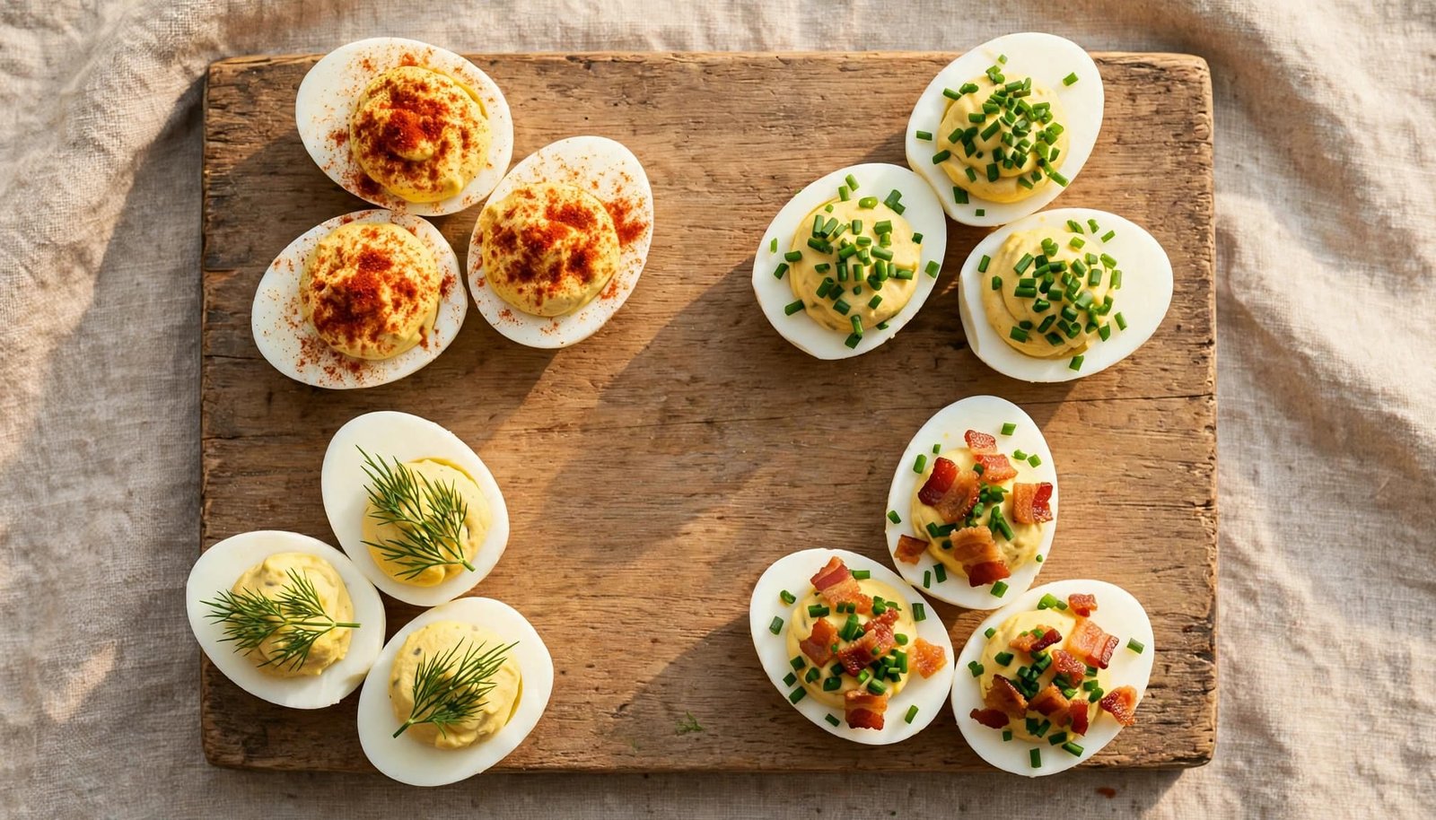 Twelve deviled egg halves with paprika, chives, dill, and bacon toppings on a serving board.