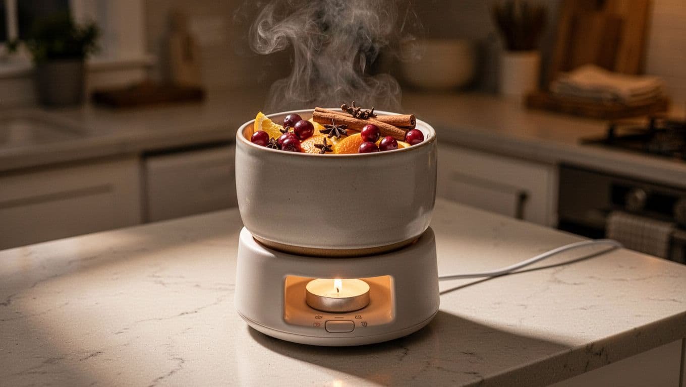 A ceramic simmer pot with fruit and spices sits on a candle warmer.