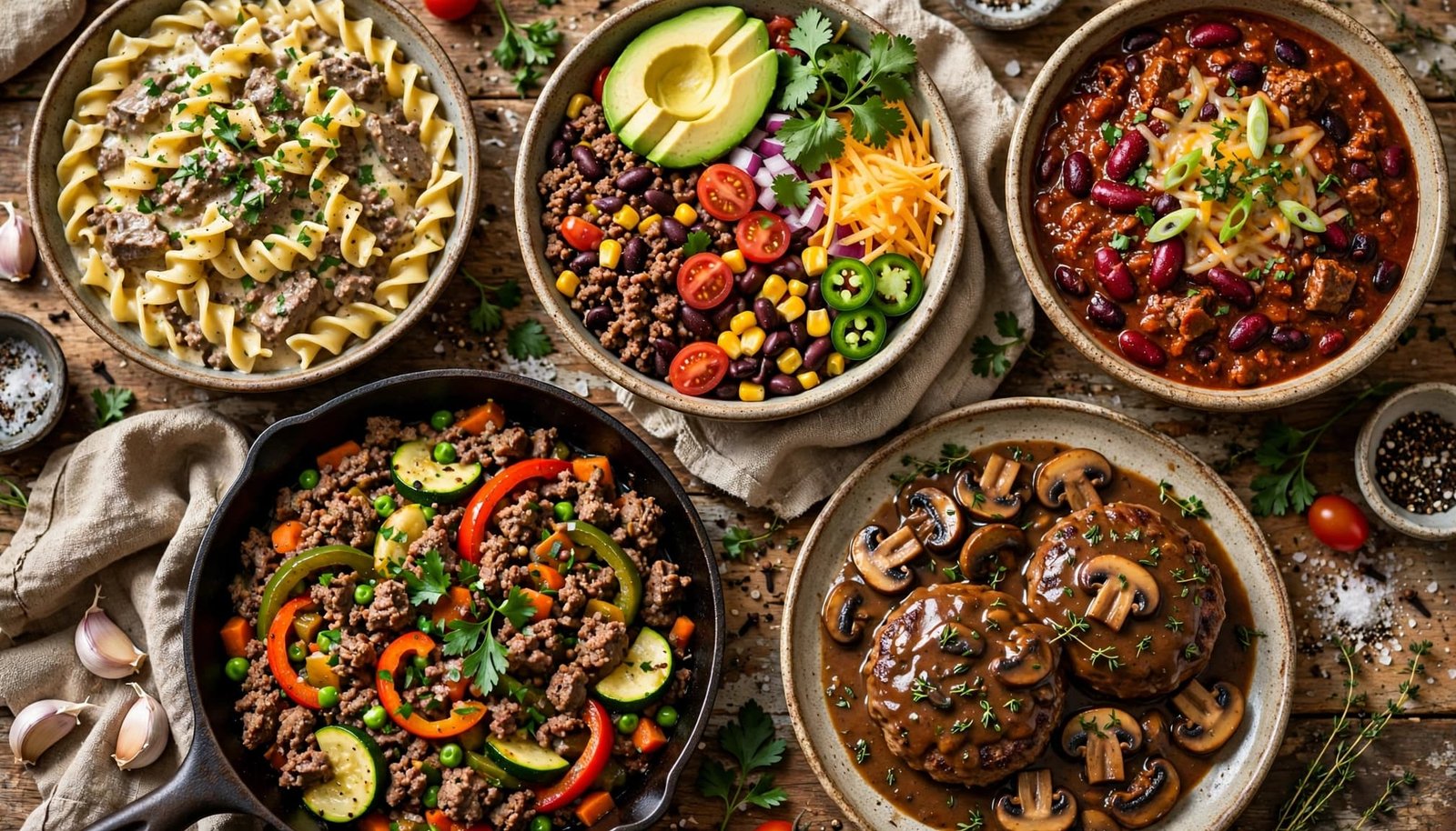 Five ground beef dinners include noodles, a burrito bowl, chili, skillet vegetables, and Salisbury steak.