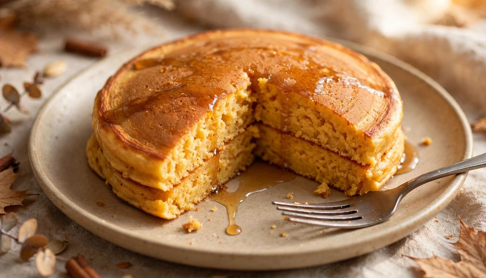 A cut pumpkin pancake shows a soft center beside a fork and maple syrup.