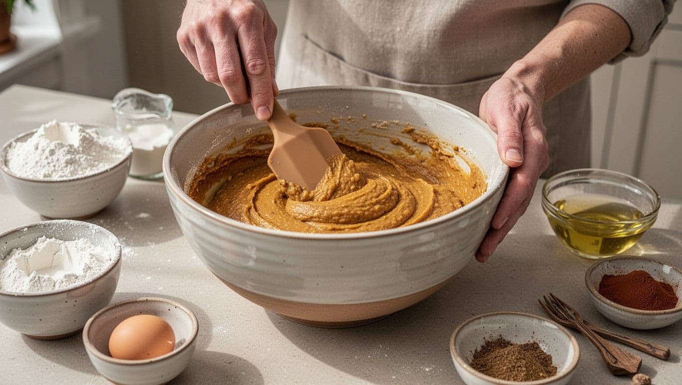 Hands fold pumpkin banana bread batter in a ceramic bowl beside measured ingredients.