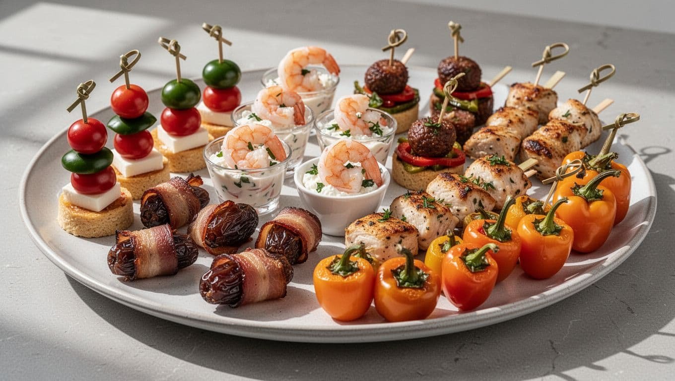 A platter of colorful skewers, shrimp cups, dates, sausage bites, and stuffed peppers.
