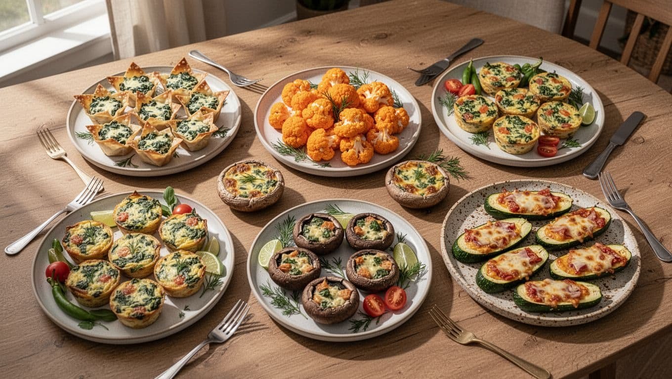 Five platters of warm vegetable appetizers arranged on a football party table.