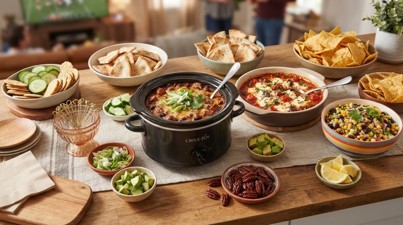 A snack table with colorful dips, chips, vegetables, crackers, and glazed pecans.