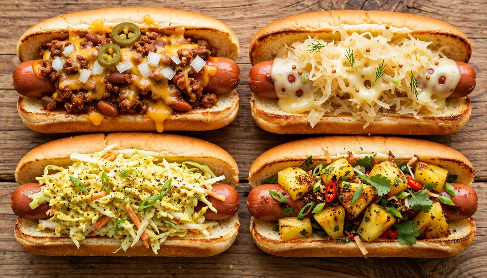 Four loaded hot dogs in toasted buns arranged on a wooden table.
