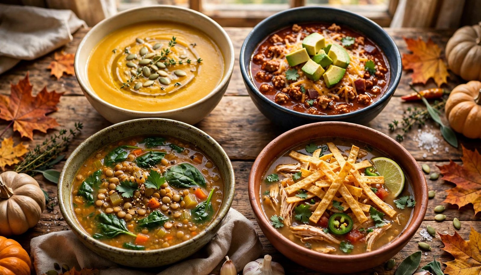 Four bowls of fall soup sit on a rustic wooden table.