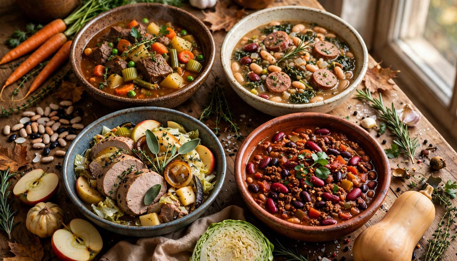 Four hearty slow cooker dinners sit in rustic bowls on a fall kitchen table.