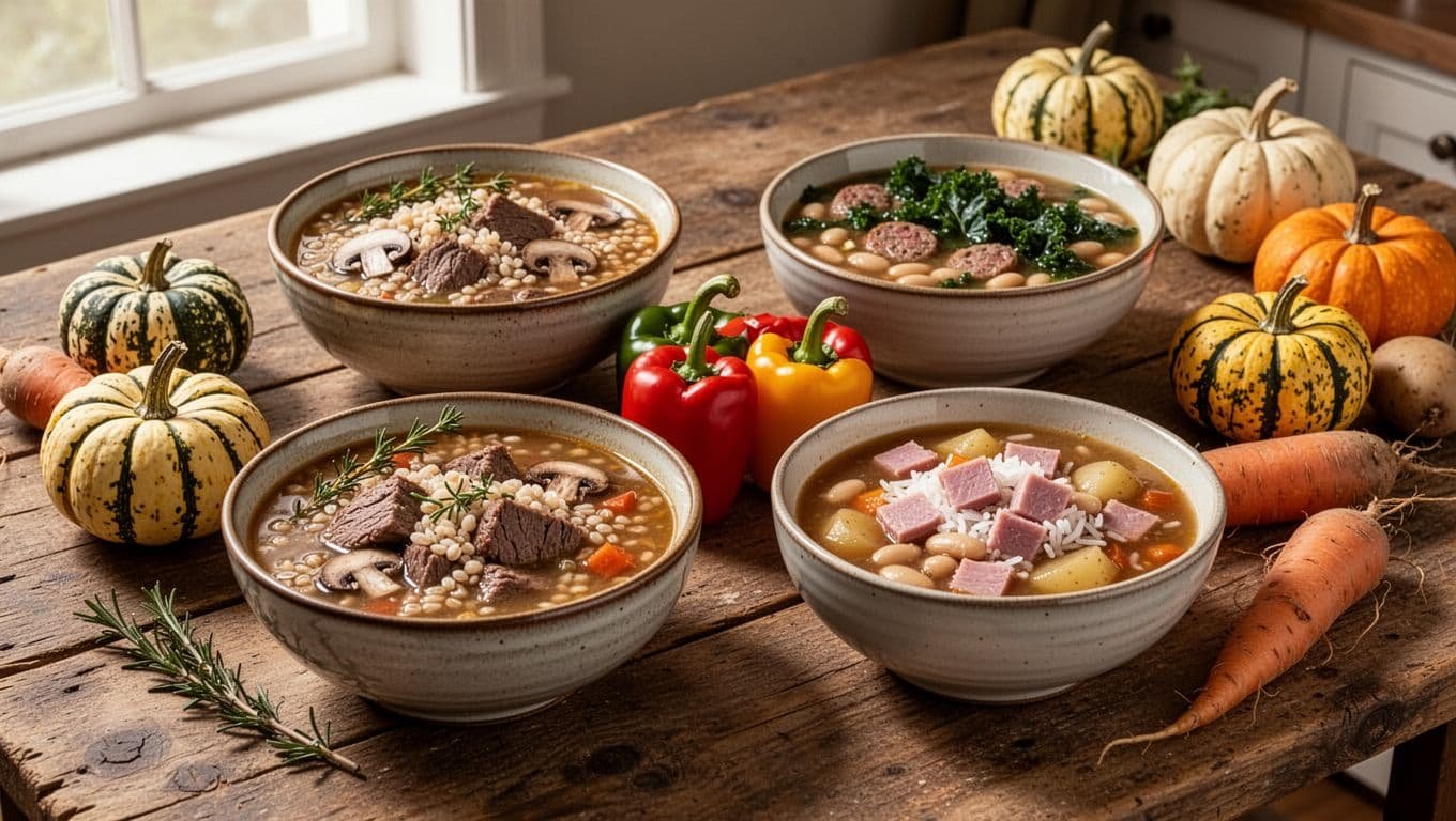 Four bowls of hearty fall soup sit on a rustic kitchen table.