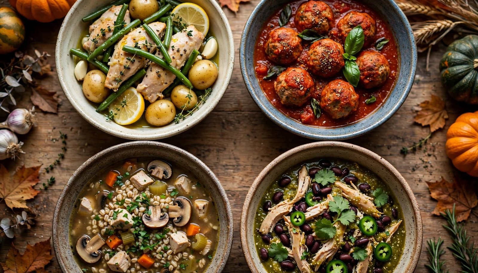 Four bowls of chicken and turkey crockpot dinners on a rustic autumn table.