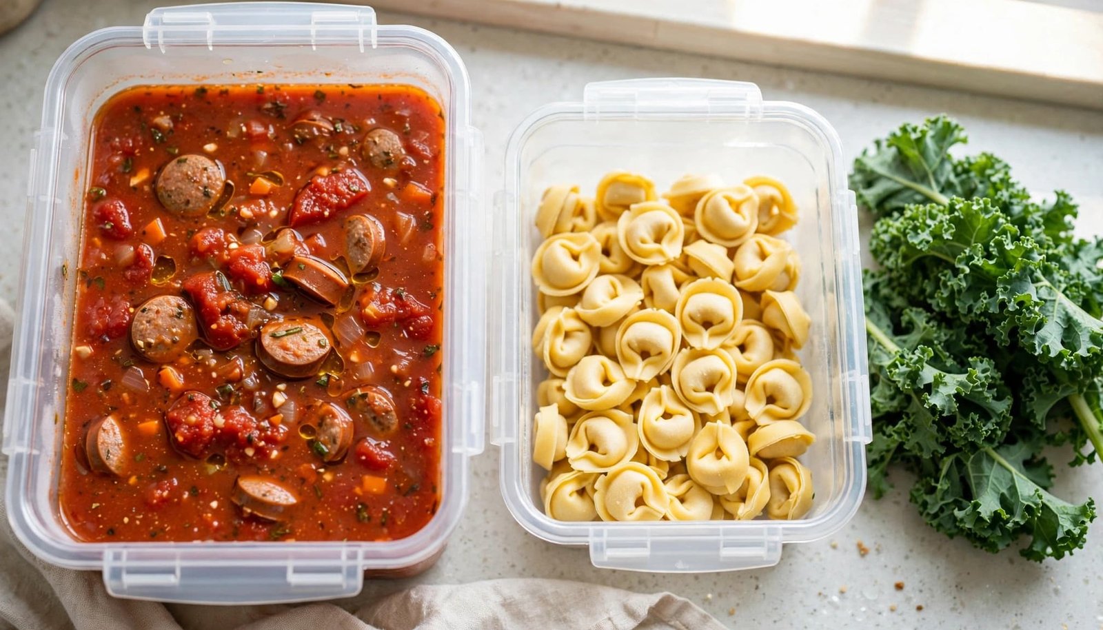 Soup base, tortellini, and kale arranged separately on a kitchen counter.