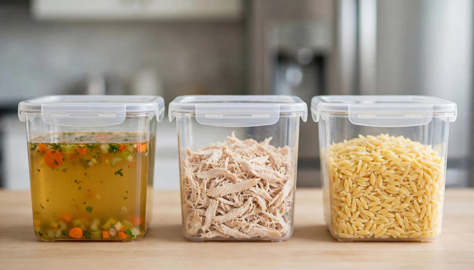 Containers of broth, chicken, and pasta arranged on a clean kitchen counter.