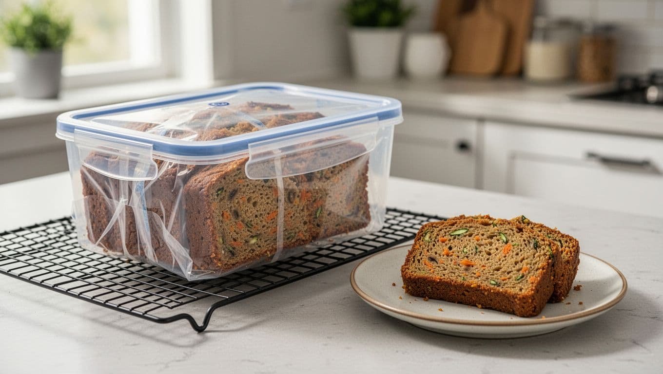Wrapped bread slices sit beside a cooling rack and a plate with one thawed slice.