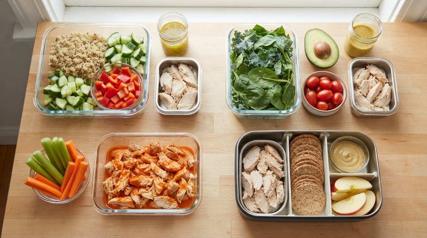 Meal-prep containers hold quinoa, vegetables, greens, sauces, celery, and apple slices.