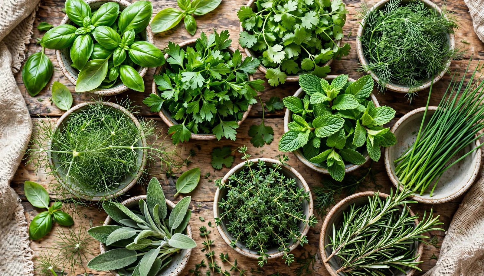 Bowls of assorted fresh herbs arranged on a rustic kitchen counter.