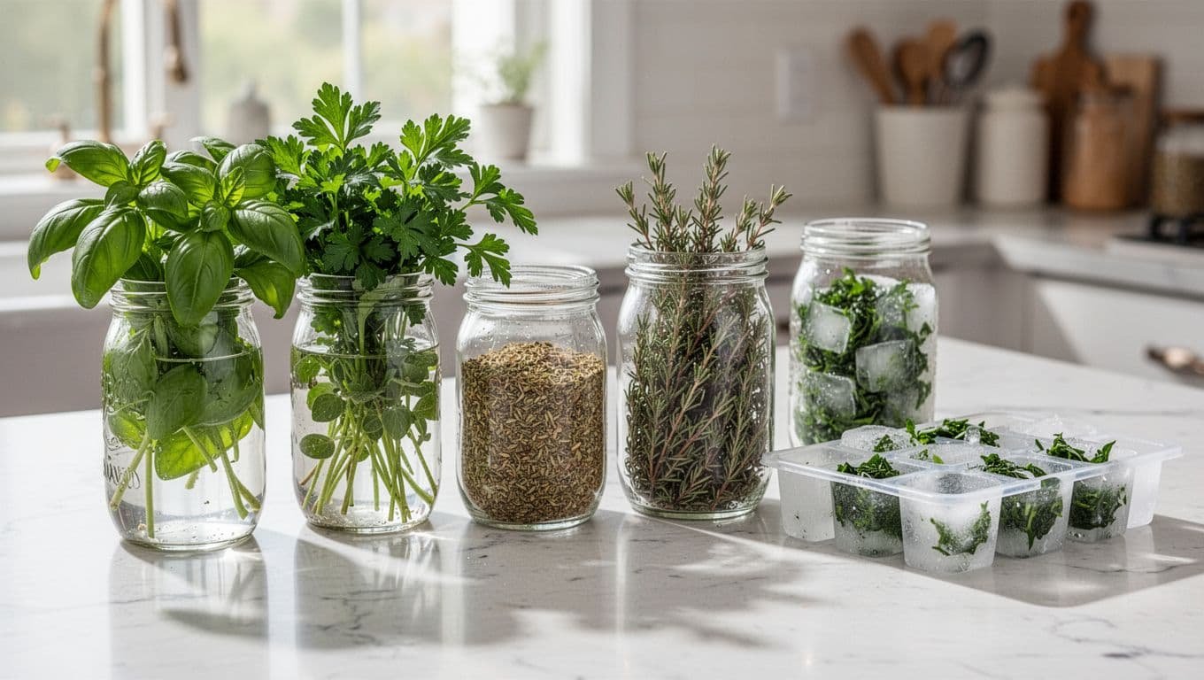 Fresh basil, dried oregano, and frozen chopped herbs arranged on a kitchen counter.