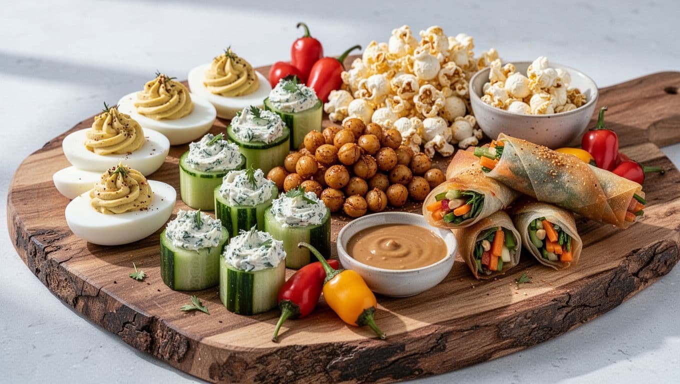 A colorful snack board with deviled eggs, vegetables, chickpeas, popcorn, spring rolls, and dipping sauce.