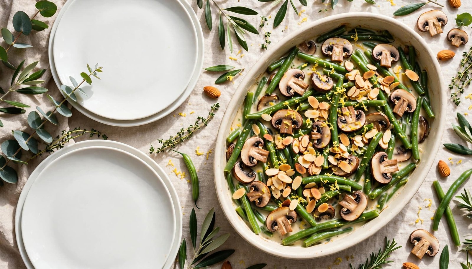 Green bean casserole with mushrooms, lemon zest, and almonds on a bright dining table.