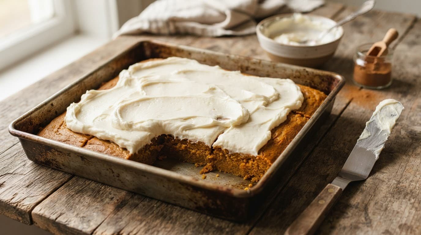 Cream cheese frosting covers pumpkin bars beside a spatula, cinnamon, and a small bowl.