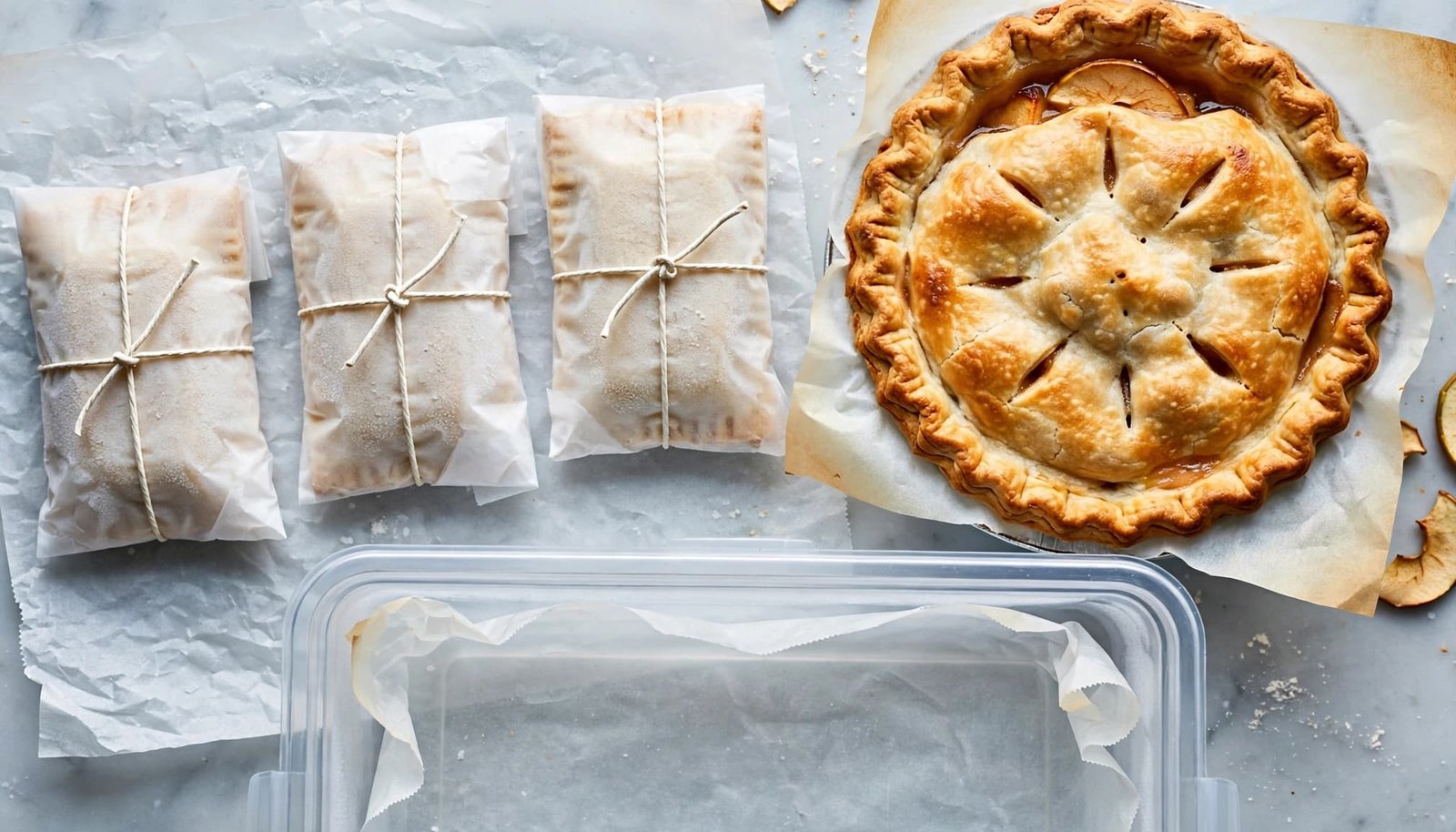 Two wrapped apple hand pies sit beside one baked pie in a freezer-prep kitchen scene.