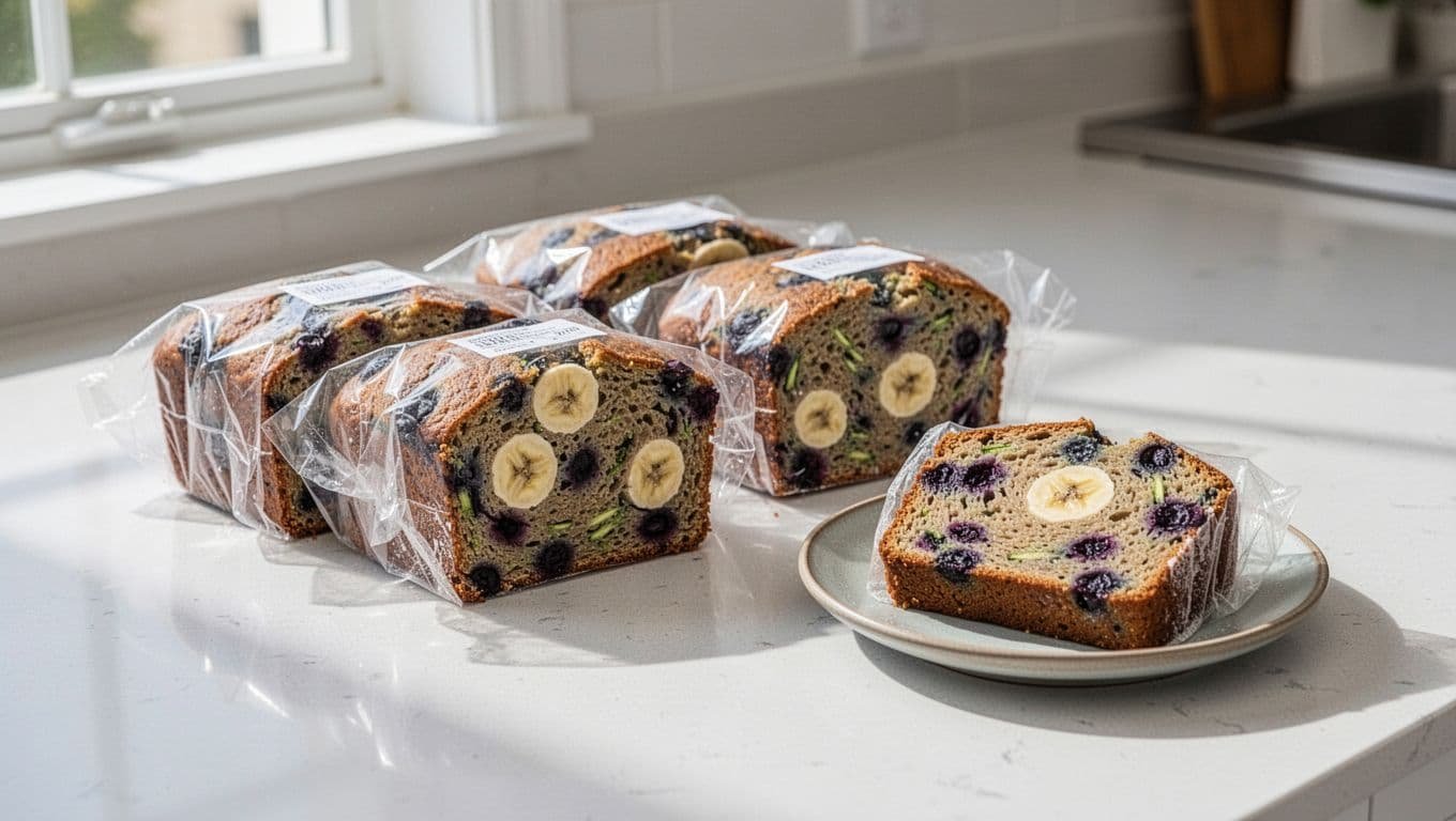 Wrapped bread slices sit beside a thawed slice on a plate.