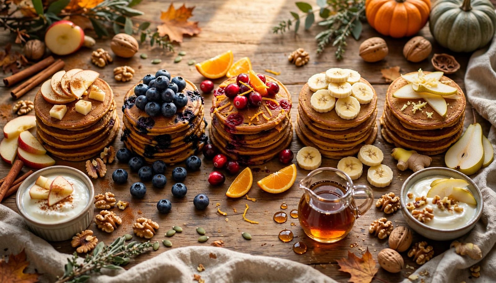 Five pumpkin pancake stacks with fruit, maple syrup, yogurt, and walnuts on a rustic table.