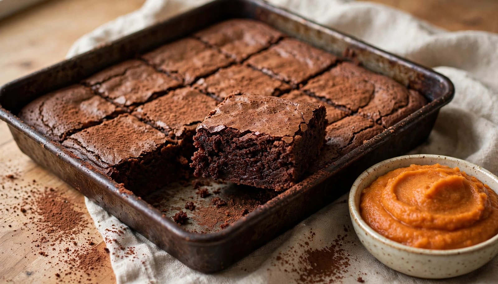 A pan of fudgy sweet potato brownies beside puree and cocoa powder.