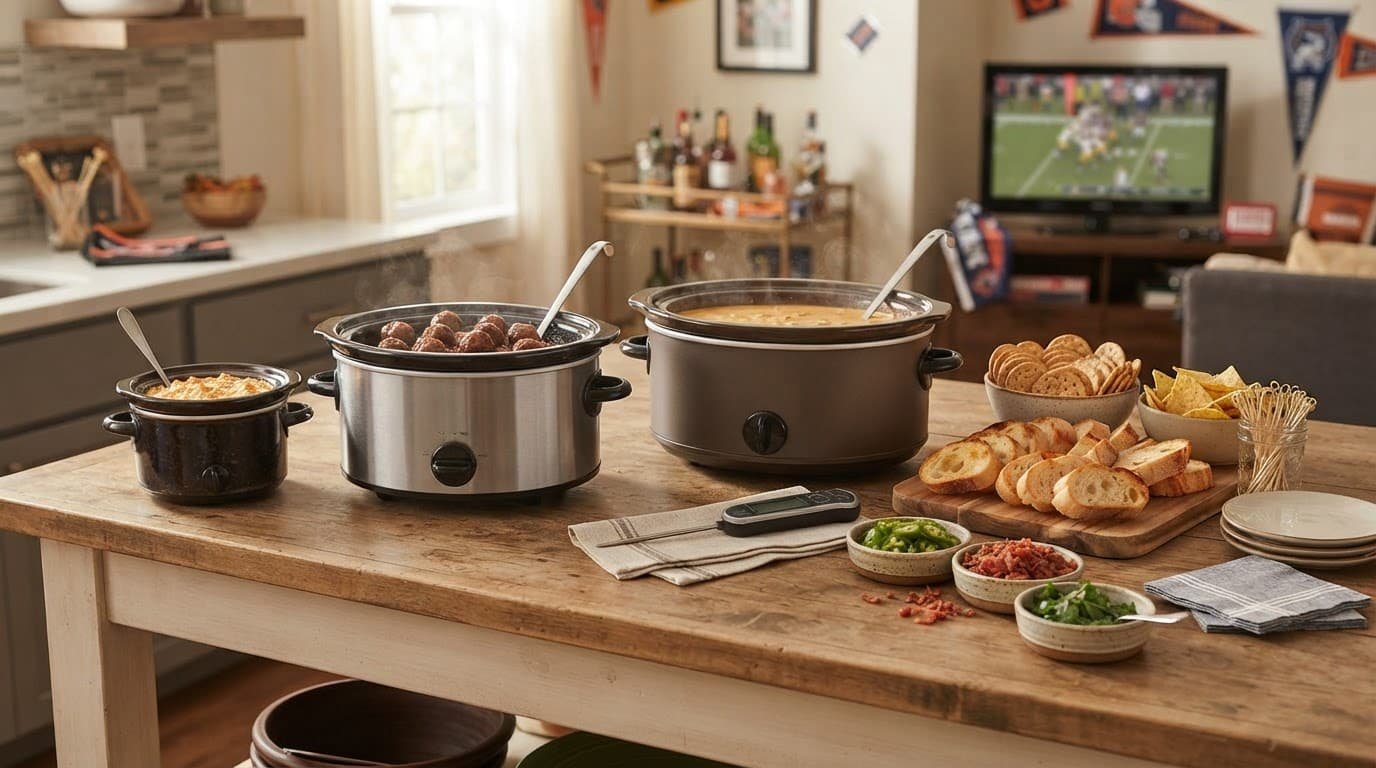 Three slow cookers surrounded by bowls of bread, crackers, toppings, and serving utensils.