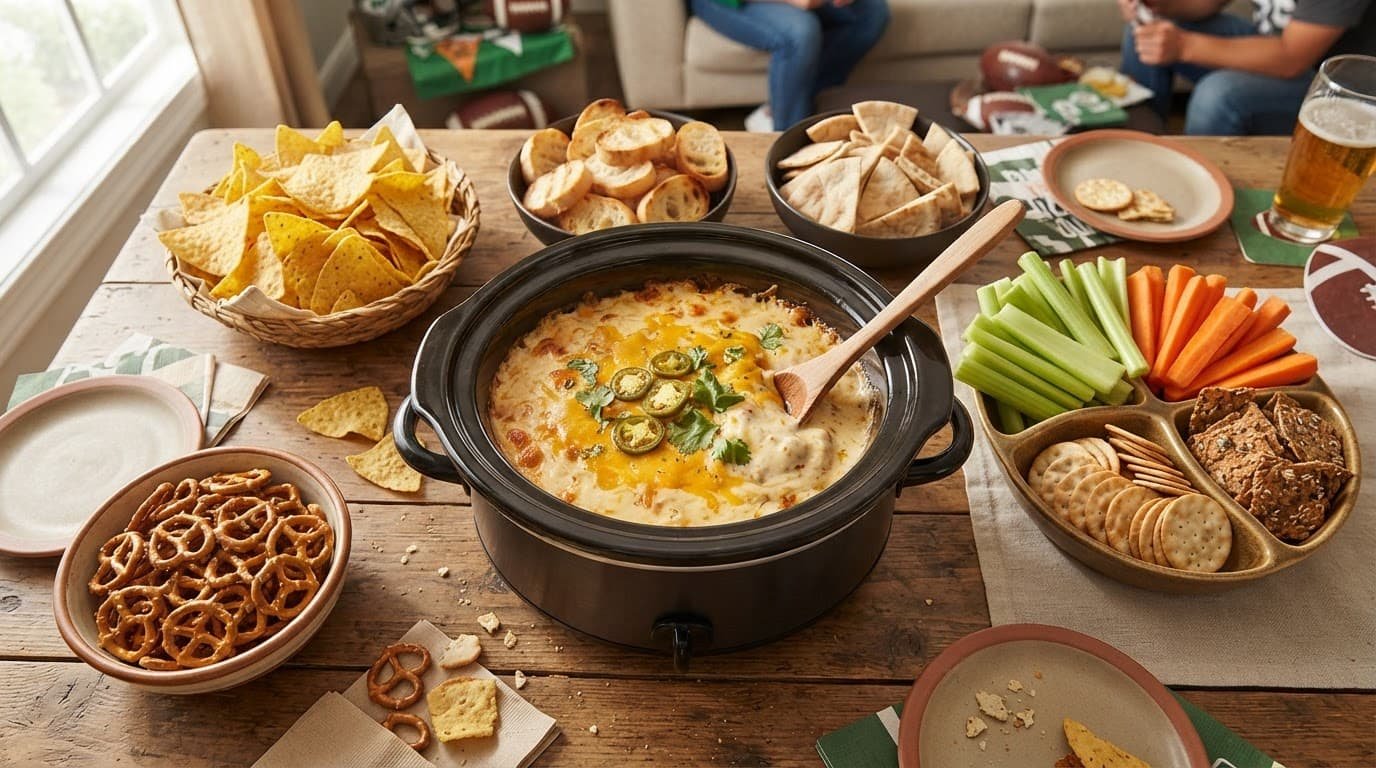Slow cooker of cheese dip surrounded by chips, pretzels, bread, vegetables, and crackers.