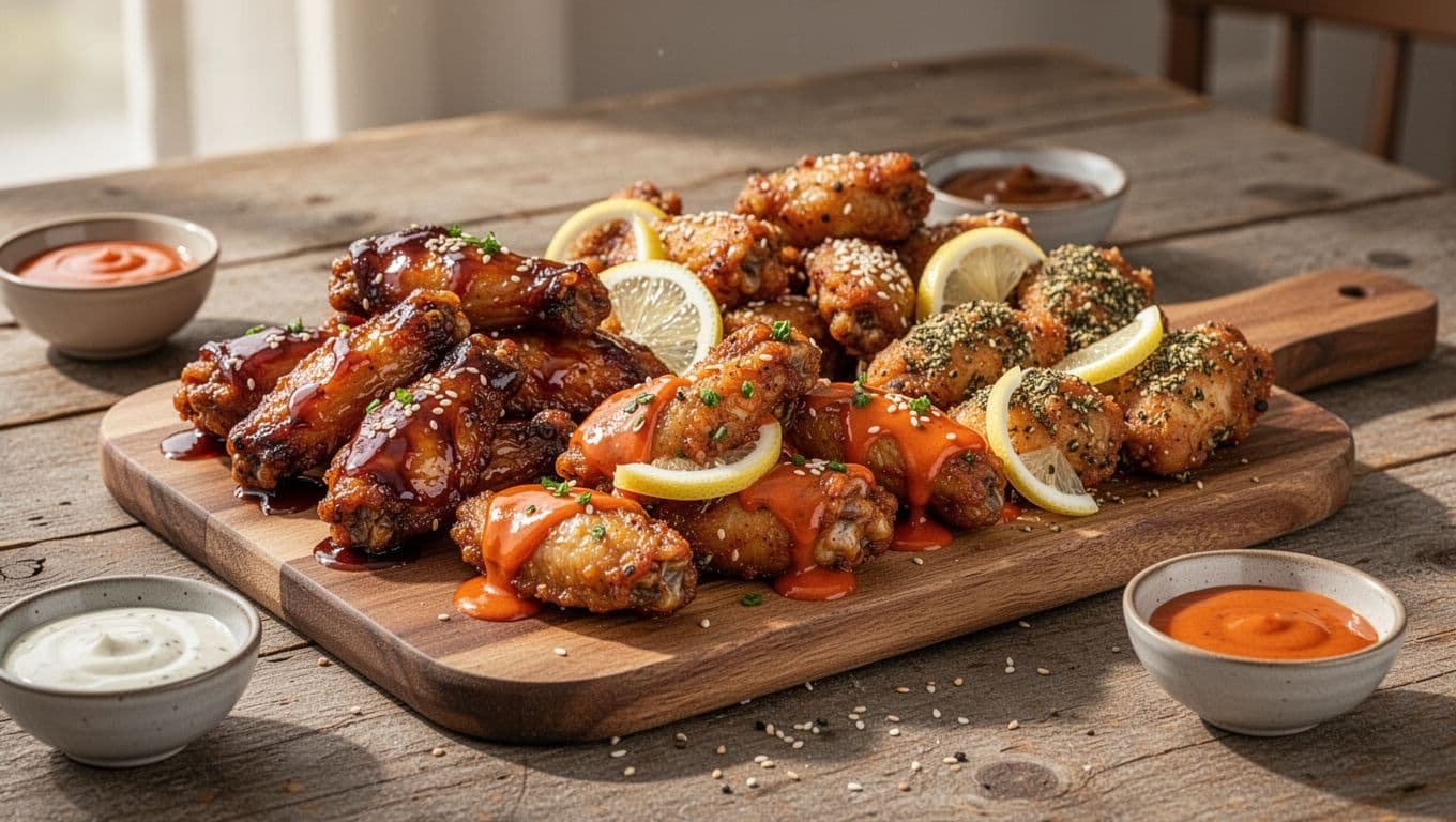 A serving board with saucy chicken wings, chicken bites, dipping bowls, and varied toppings.