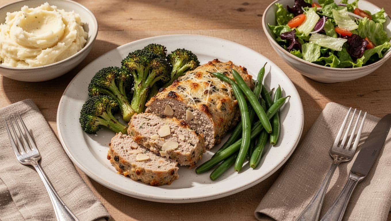 Sliced chicken meatloaf with vegetables, mashed potatoes, and salad on a dinner table.