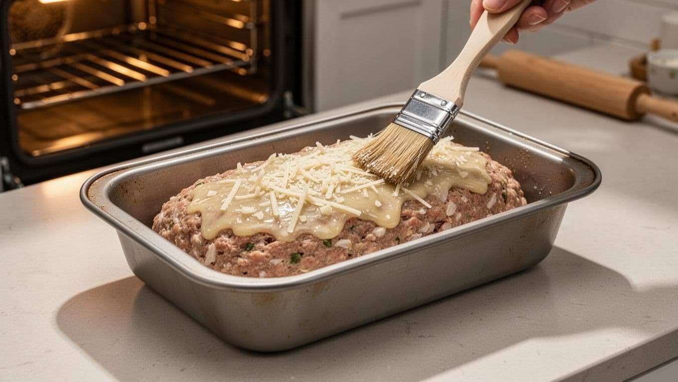 Uncooked chicken meatloaf in a loaf pan with garlic Parmesan topping.