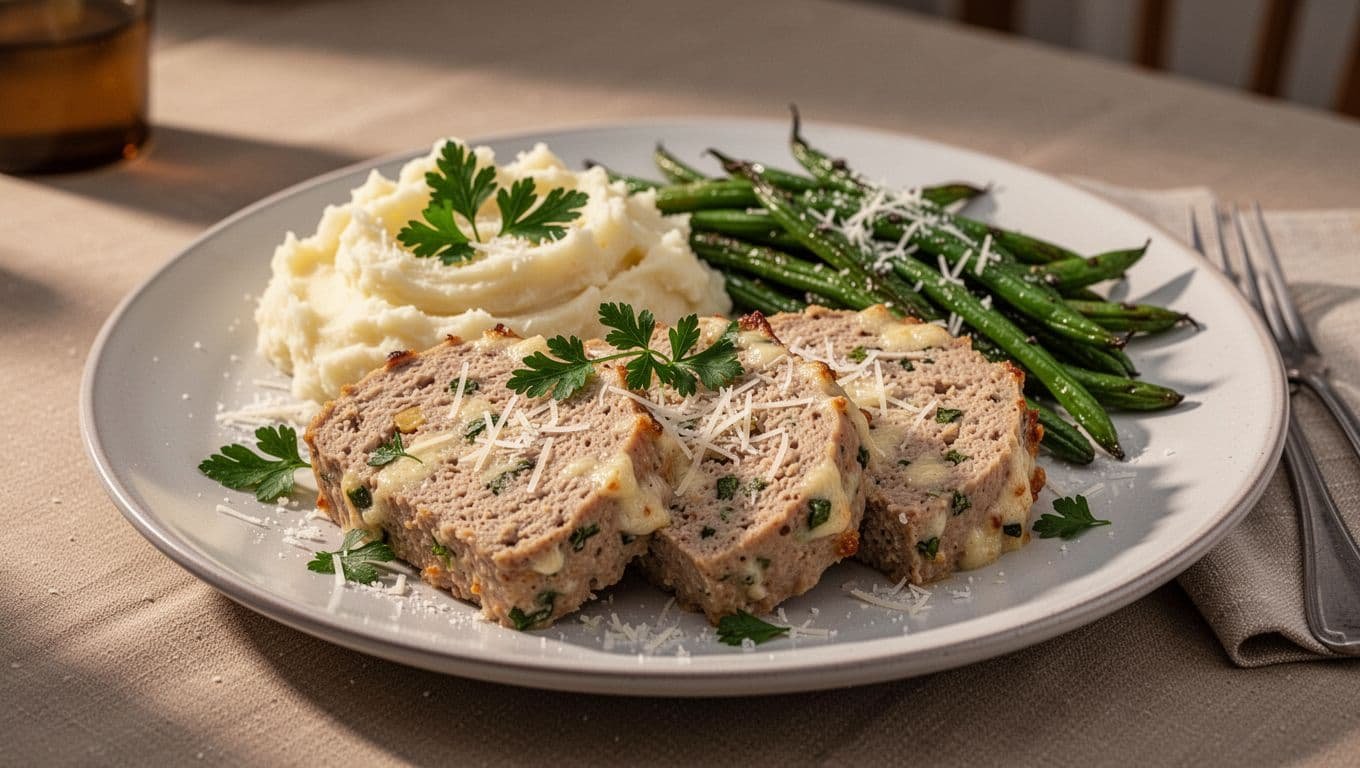 Sliced chicken meatloaf with mashed potatoes and roasted green beans on one plate.