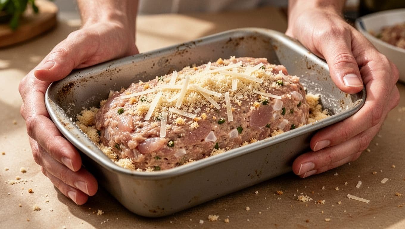 Hands shape seasoned chicken mixture in a greased loaf pan.