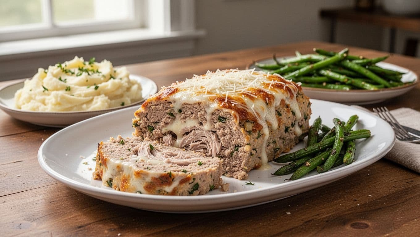Sliced Parmesan chicken meatloaf with mashed potatoes and roasted green beans on a platter.
