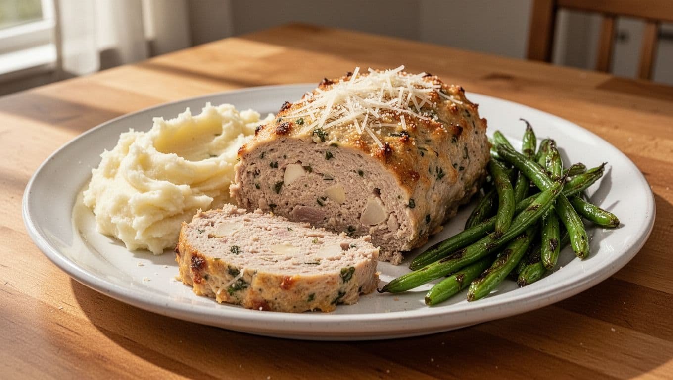 Sliced Parmesan chicken meatloaf with mashed potatoes and green beans on a white platter.