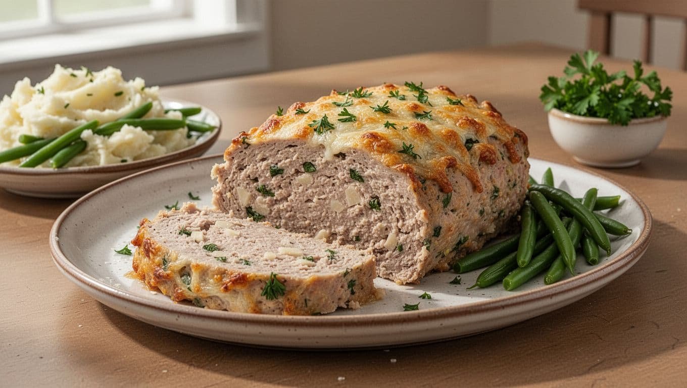 Sliced garlic Parmesan chicken meatloaf with mashed potatoes and green beans on a platter.