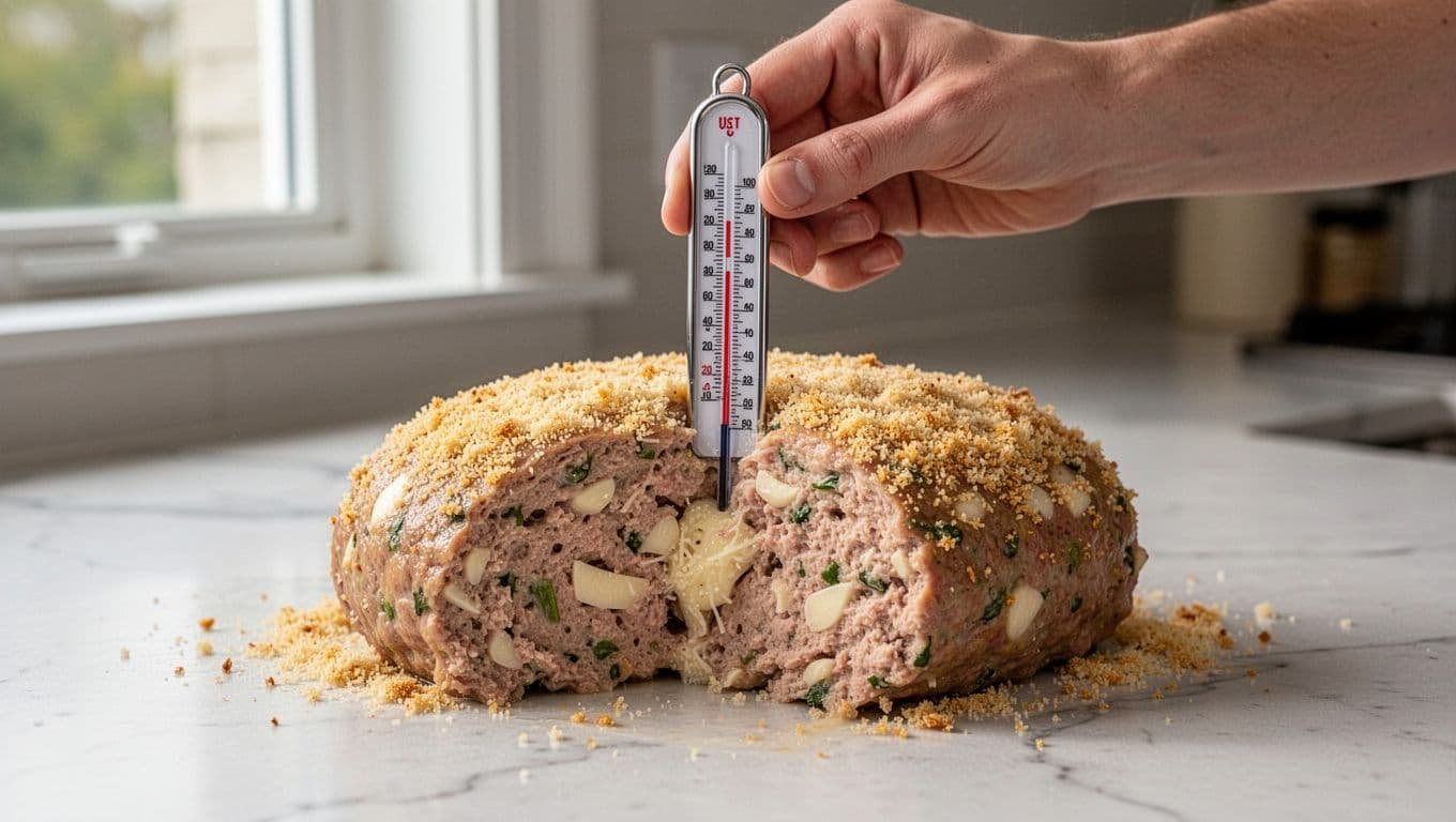 A golden chicken meatloaf is checked with a thermometer in the center.