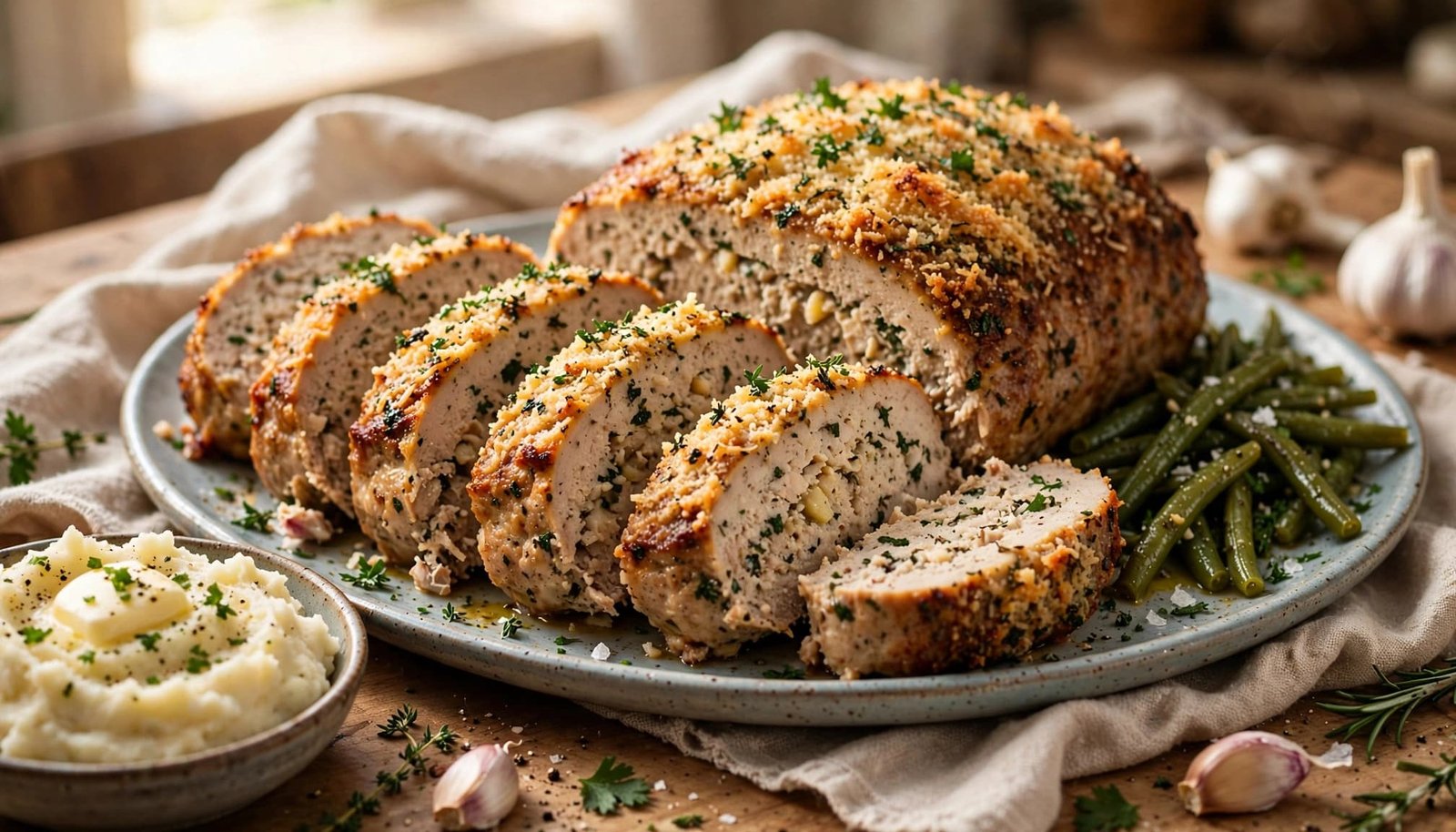 Sliced garlic Parmesan chicken meatloaf with mashed potatoes and green beans on a dinner table.