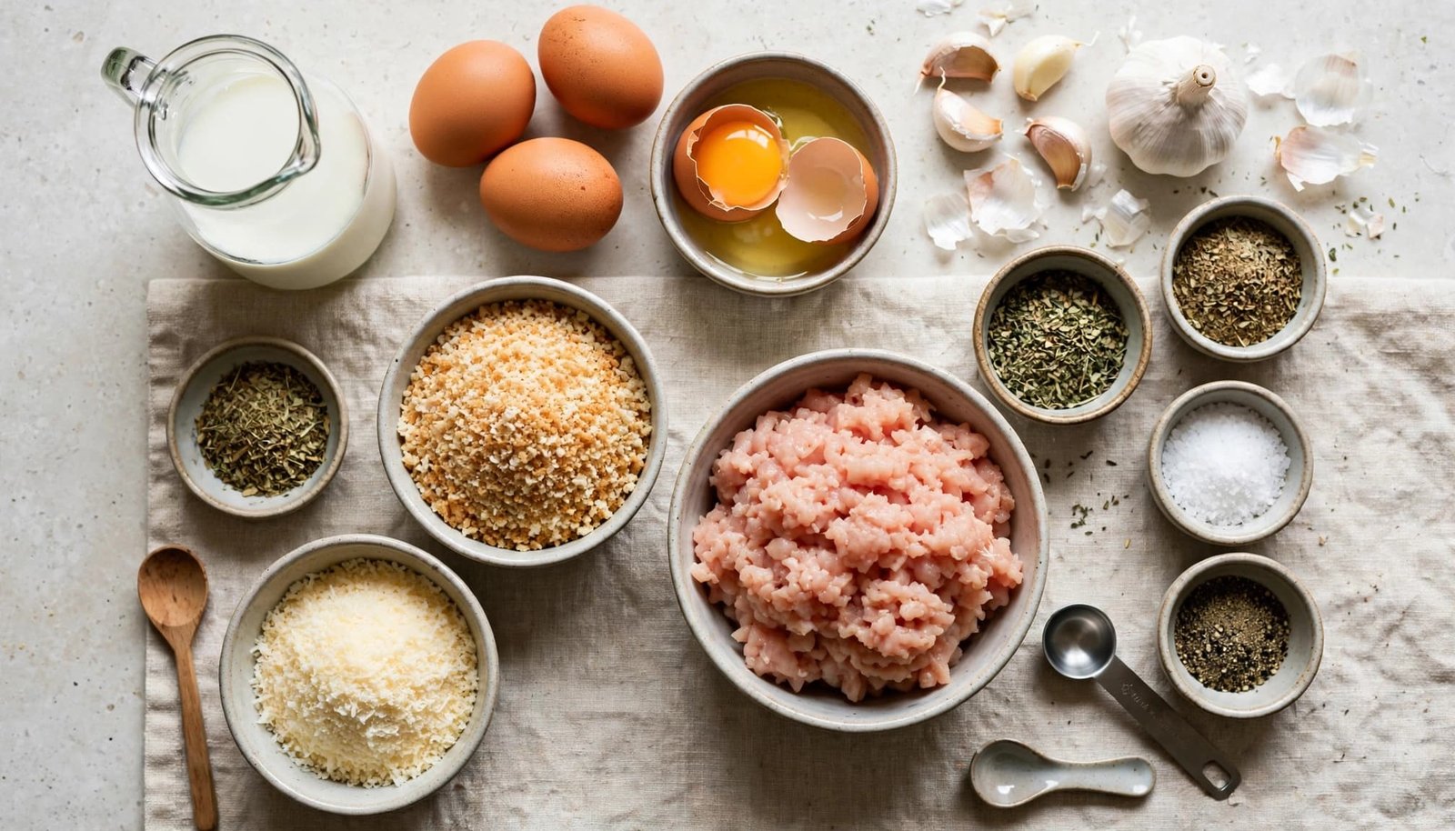 Ingredients for garlic Parmesan chicken meatloaf arranged in bowls on a kitchen counter.