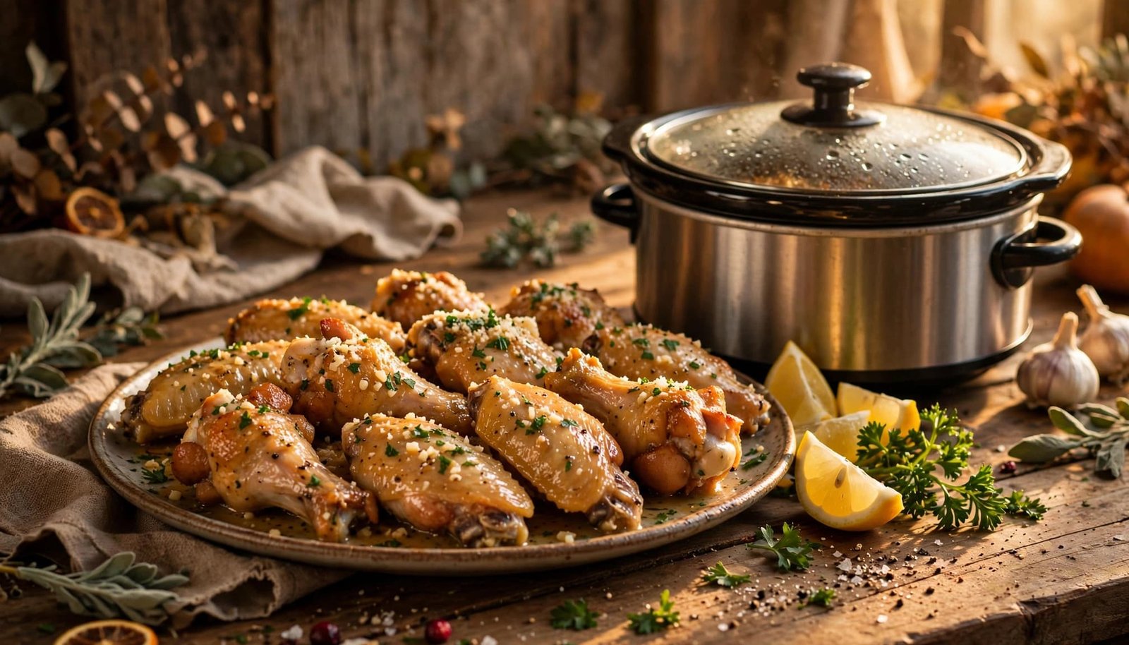A platter of garlic Parmesan wings with lemon wedges beside a slow cooker.
