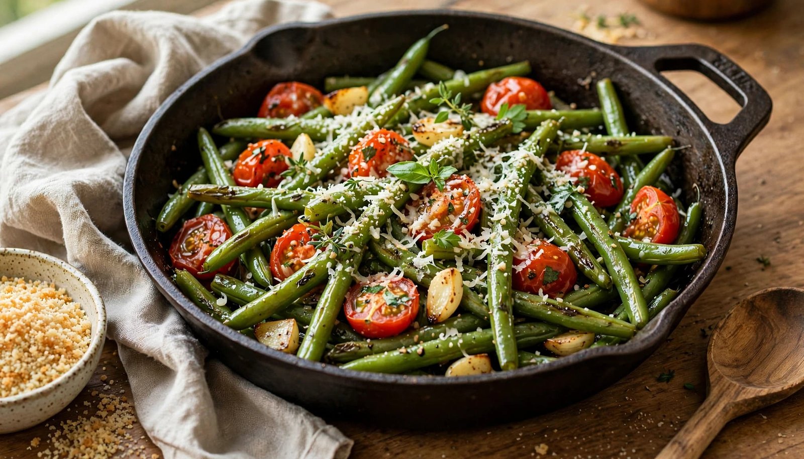 Skillet of green beans with garlic, Parmesan, tomatoes, and herbs on a kitchen table.