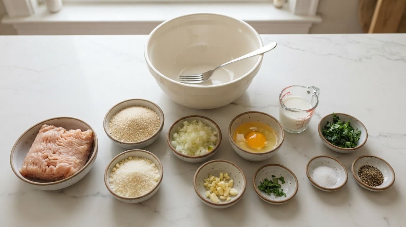 Measured ingredients for garlic Parmesan chicken meatloaf beside a large mixing bowl.