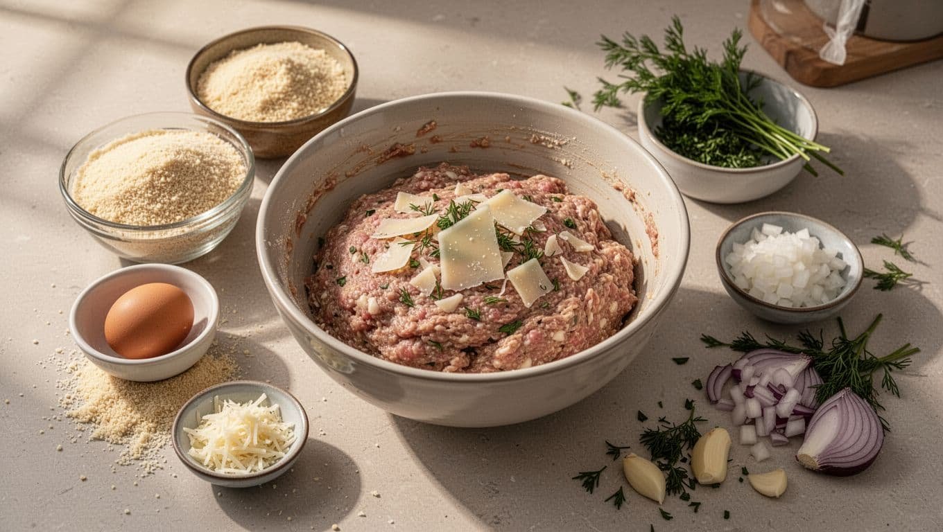 Raw chicken meatloaf mixture sits beside breadcrumbs, Parmesan, garlic, onion, egg, and herbs.