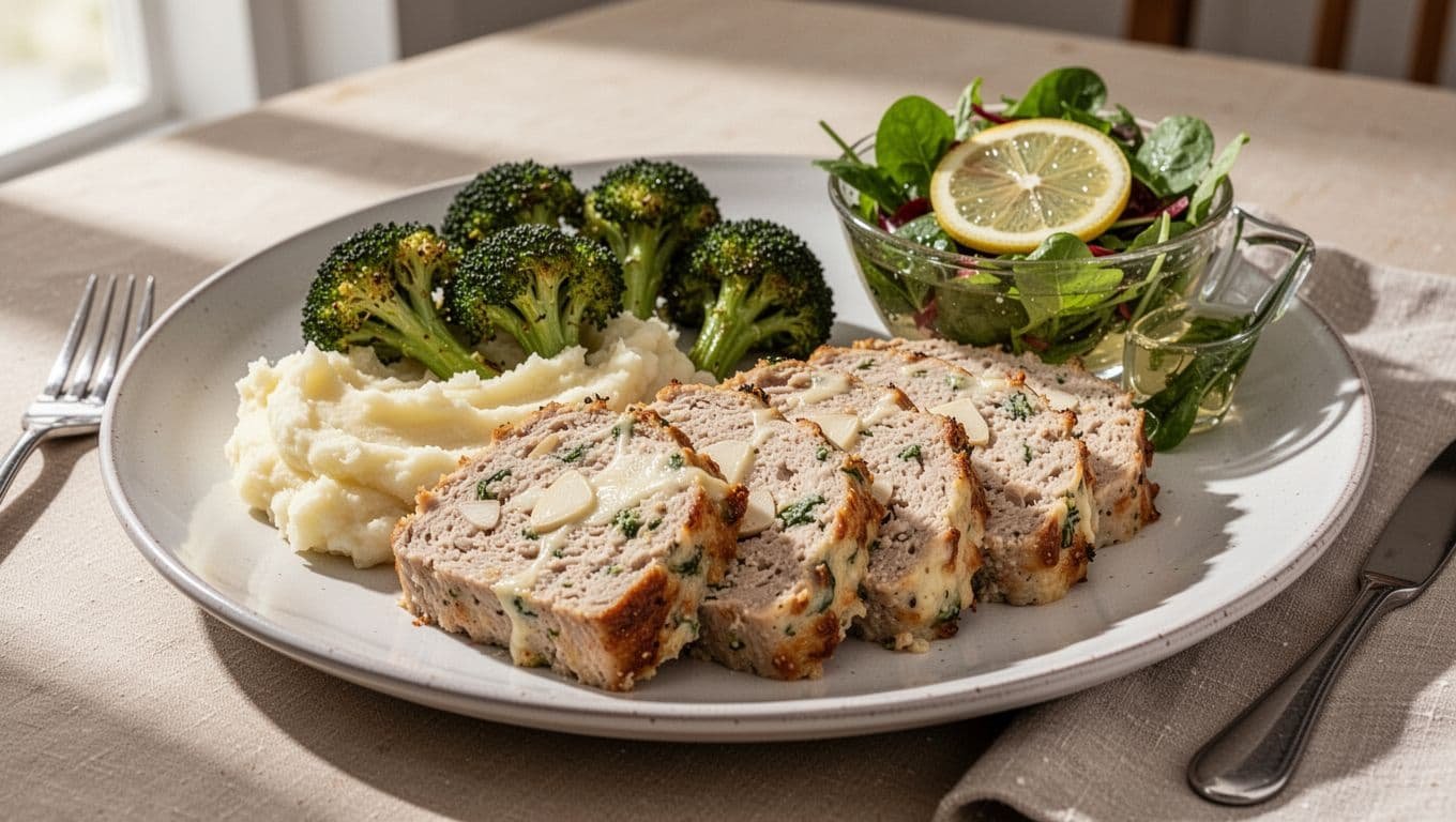 Sliced chicken meatloaf served with mashed potatoes, broccoli, and a fresh salad.