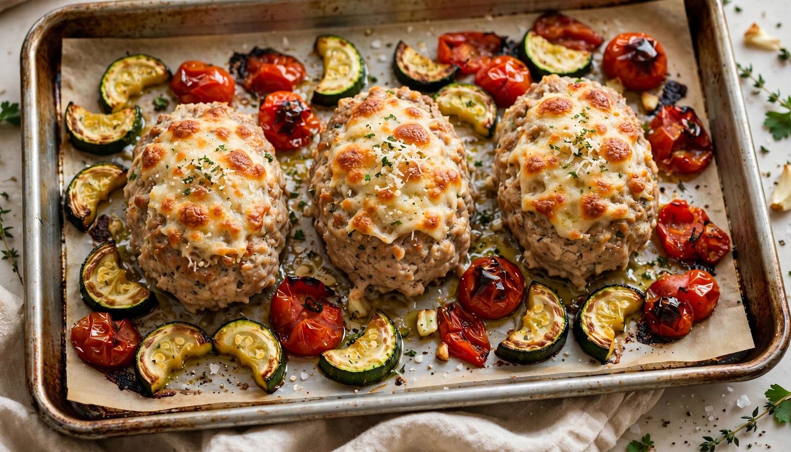 Three mini chicken meatloaves with roasted zucchini and cherry tomatoes on a sheet pan.