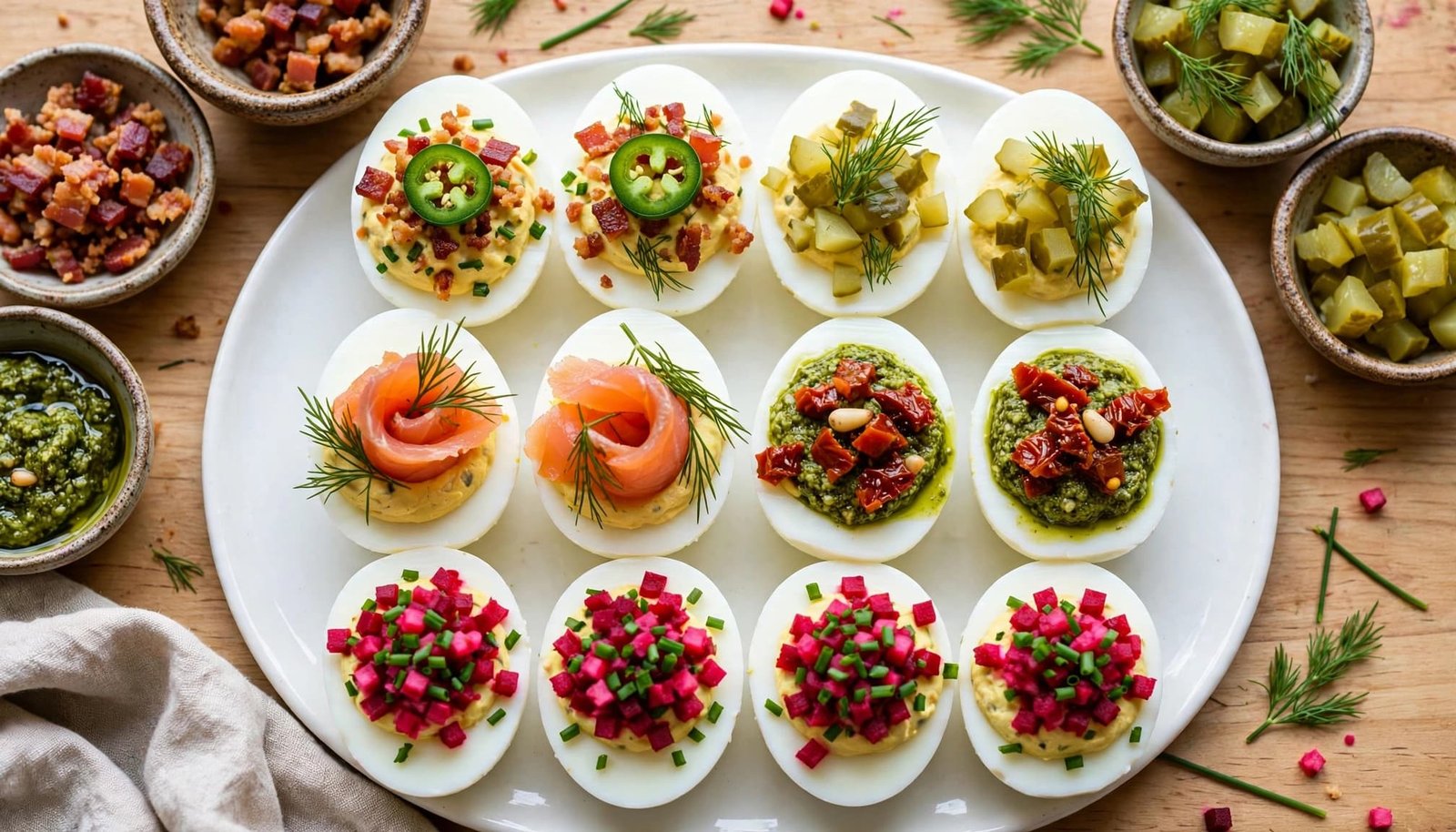 Twelve garnished deviled egg halves on a white platter.