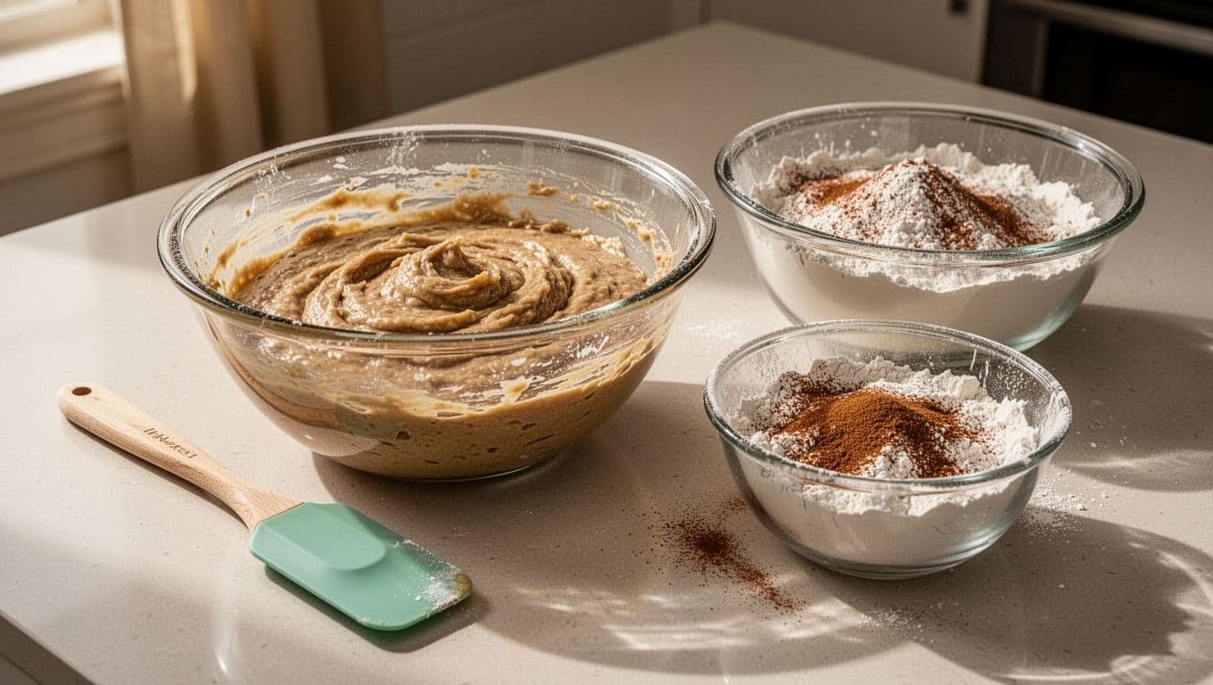 Bowl of thick batter beside flour and cinnamon on a kitchen counter.