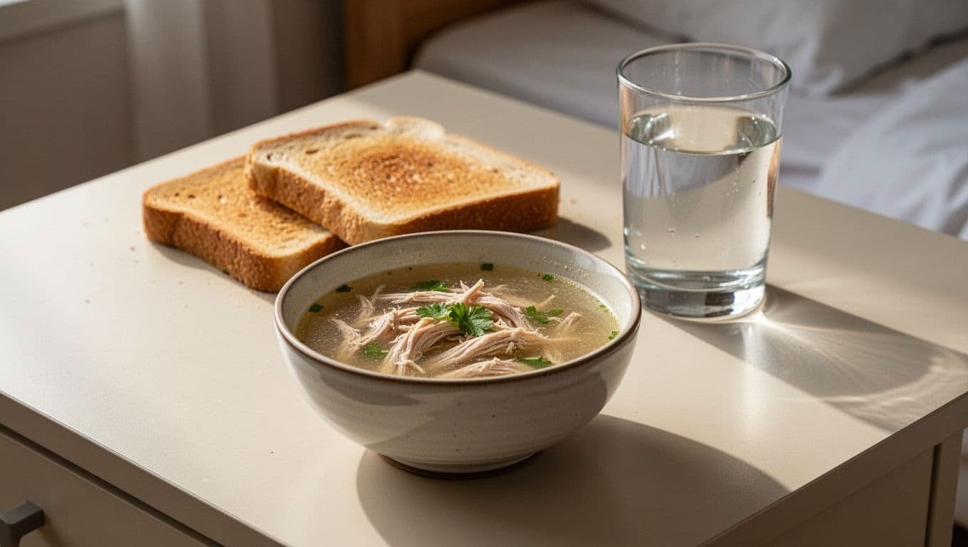 A bowl of chicken soup with toast and water on a table.
